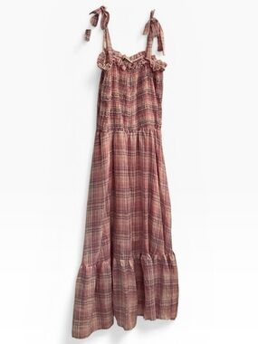 Plaid Tie-Shoulder Maxi Dress in Dusty Pink